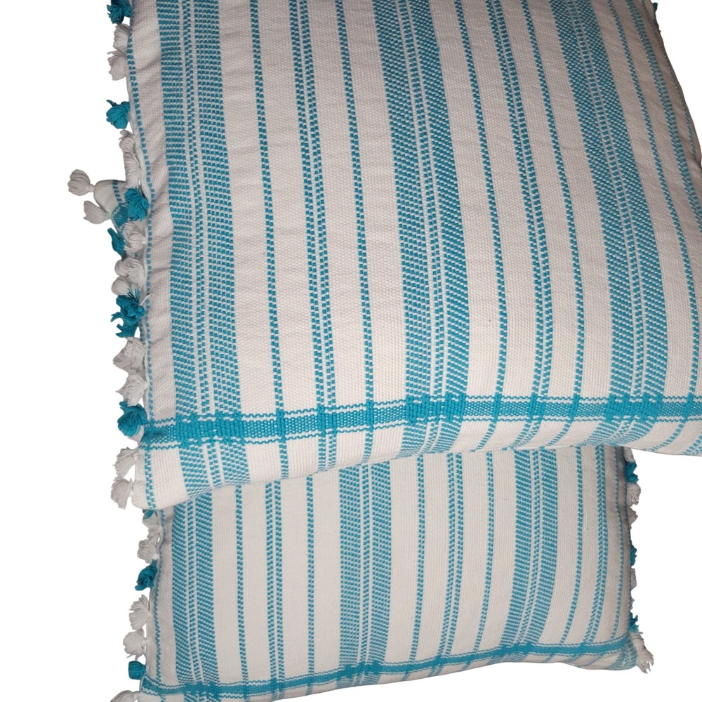 Devi Designs Turquoise White Striped Woven Cotton Throw Pillows Set of 2 Coastal